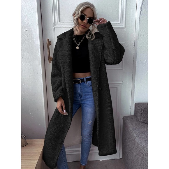 Double Button Teddy Coat Long Trench Coat Fuzzy Fluffy faux fur white cream - Picture 4 of 8